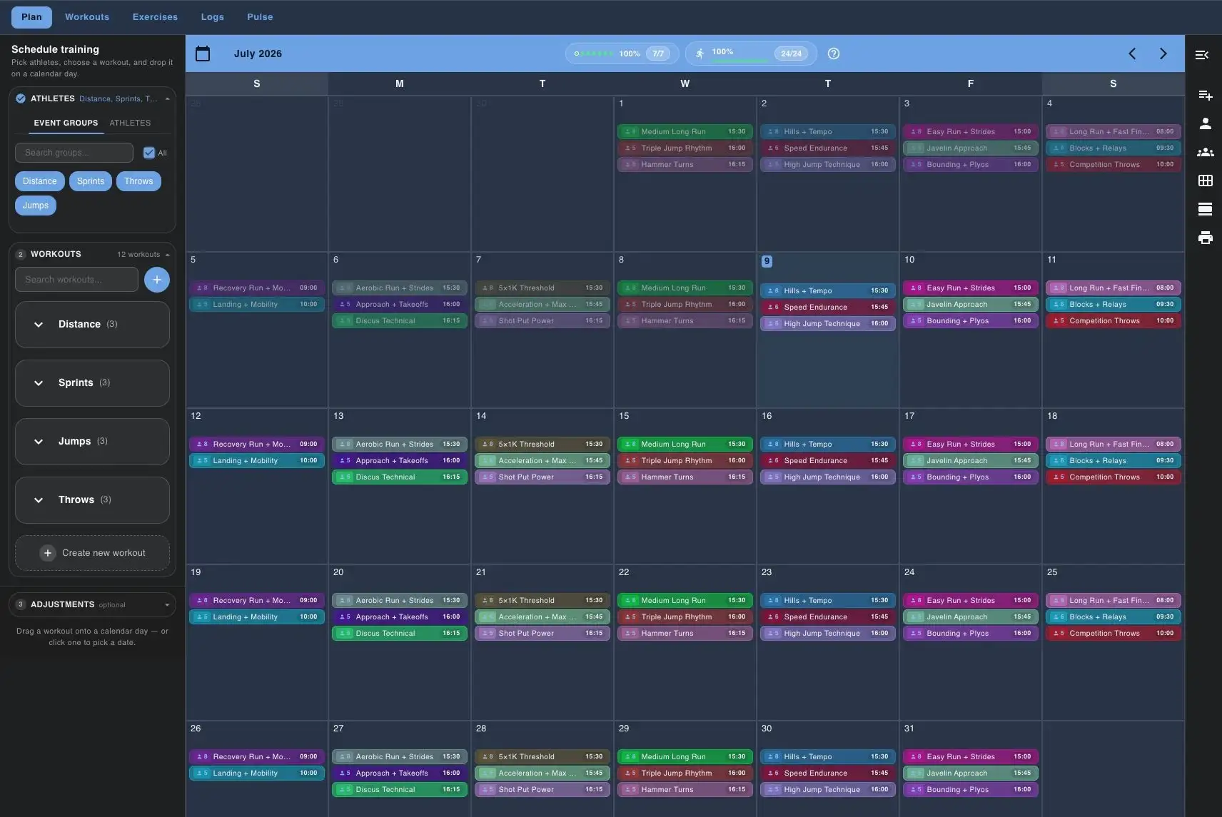 Track Tools Pro monthly training calendar for distance, sprints, jumps, and throws
