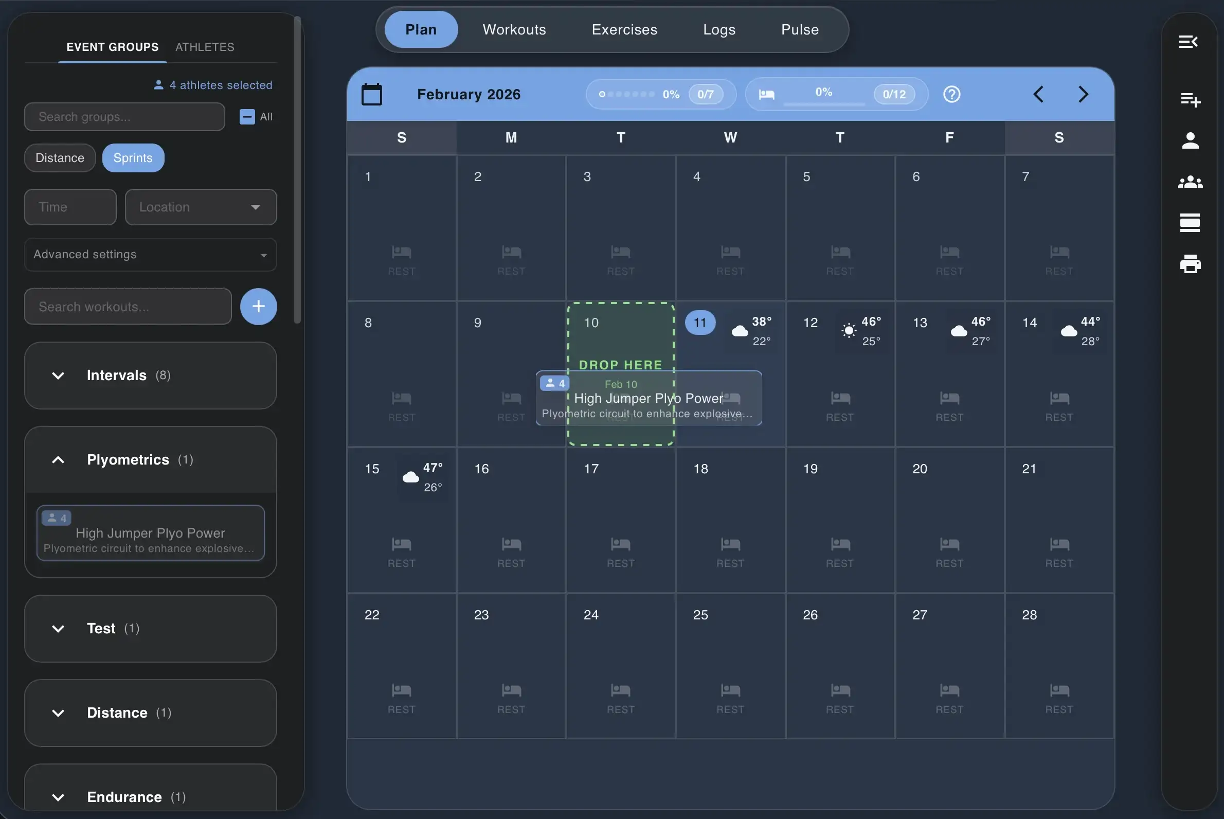 Track Tools Pro training calendar with a full week of workouts assigned by event group
